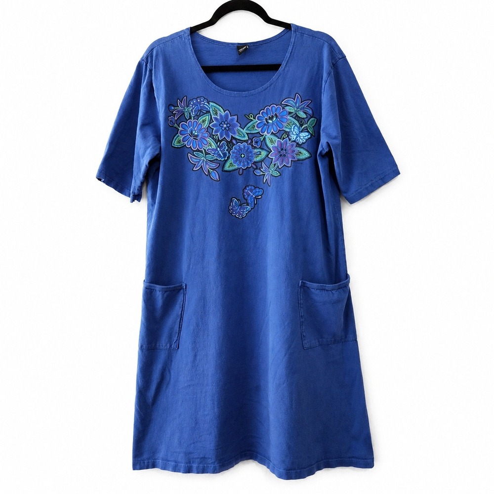 Sabaku Artwear Dress Womens L/XL Blue Floral Butterfly Cotton Pockets Casual USA
